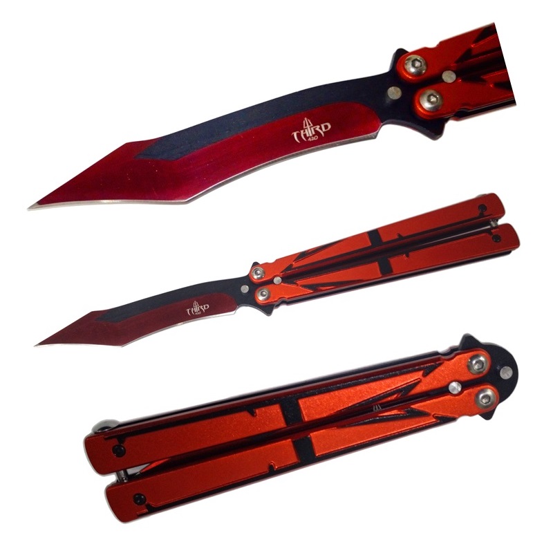 Coltello butterfly red arrow - balisong con lama rossa - coltello a farfalla rosso per arte marziale filippina kali .